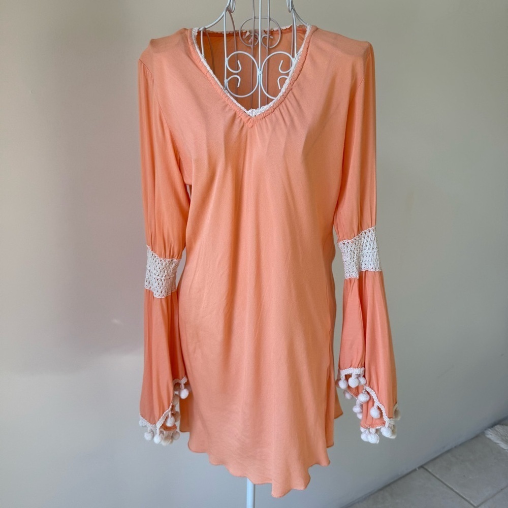 Z&L Peach Boho Tunic Dress Pom Pom Bell Sleeves Crochet Trim Medium